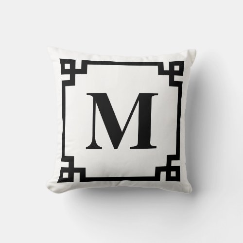 Black and White Greek Key Border Monogram Throw Pillow