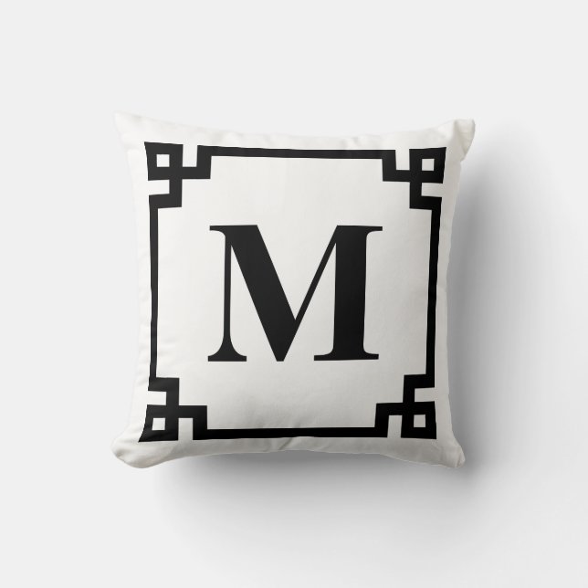 Black and White Greek Key Border Monogram Throw Pillow (Front)