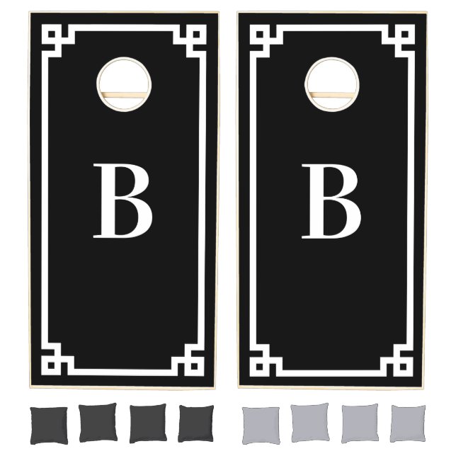 Black and White Greek Key Border Monogrammed Cornhole Set (Set)