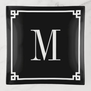 Black and White Greek Key Border Monogrammed Trinket Tray