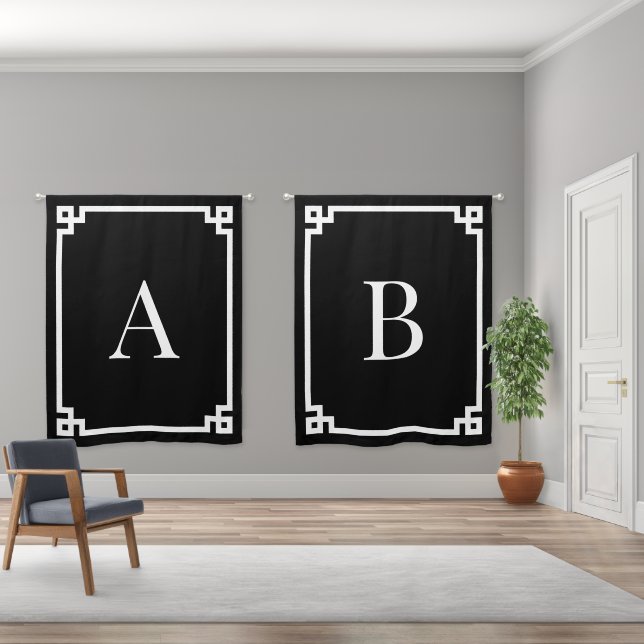 Black and White Greek Key Border Wedding Monogram Blackout Curtains (Wide)