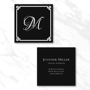 Black and White Greek Key Calligraphy Monogram Square Business Card