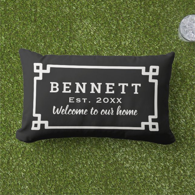 Black and White Greek Key Custom Monogram Welcome Lumbar Pillow (Grass)