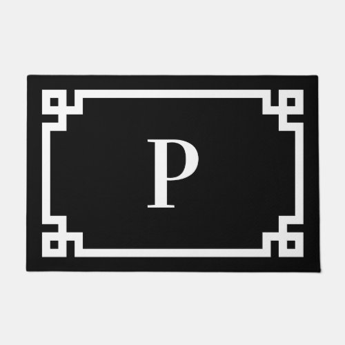 Black and White Greek Key Frame Single Monogram Doormat