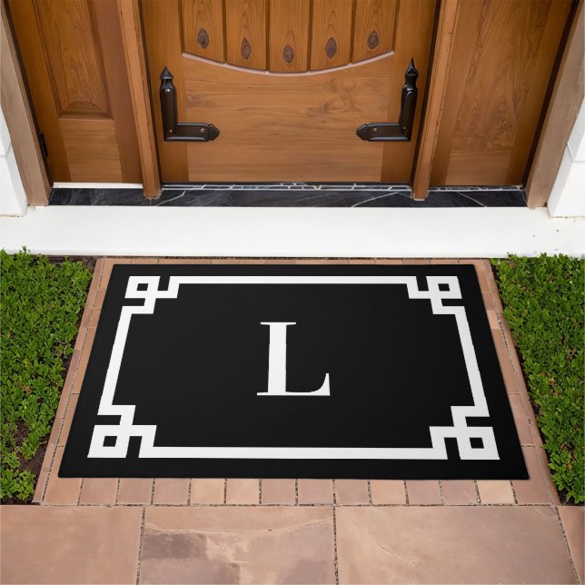 Black and White Greek Key Frame Single Monogrammed Doormat (Outdoor)