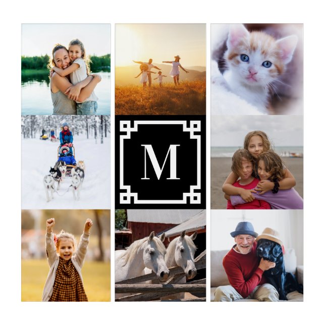 Black and White Greek Key Monogram 8 Photo Collage Triptych (Front)