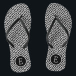 Black and White Greek Key Monogram Flip Flops<br><div class="desc">Custom printed flip flop sandals with a stylish modern Greek key pattern and your custom monogram or other text in a circle frame. Click Customize It to change text fonts and colors or add your own images to create a unique one of a kind design!</div>