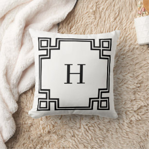 Black and White Greek Key Monogram Throw Pillow