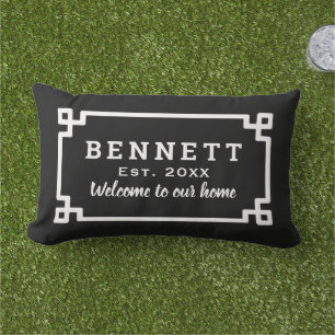 Black and White Greek Key Monogram Welcome Lumbar Pillow