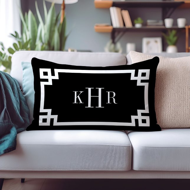 Black and White Greek Key | Monogrammed Lumbar Pillow (Creator Uploaded)