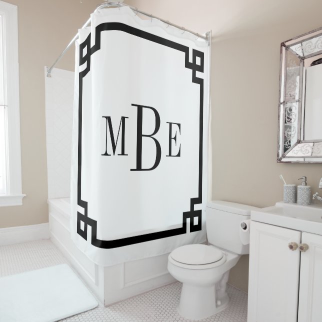 Black and White Greek Key | Monogrammed Shower Curtain (In Situ)
