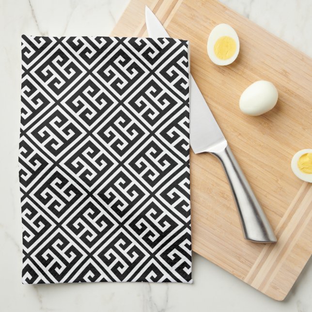 Black and White Greek Key Pattern Kitchen Towel (Quarter Fold)