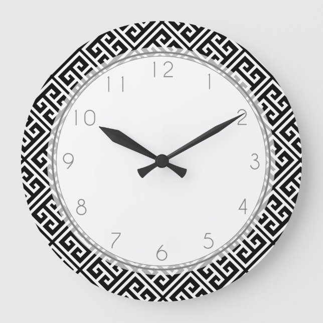 Black and White Greek Key Pattern Large Clock (Front)