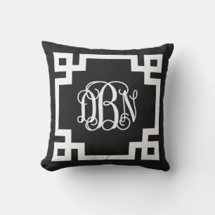 Black and White Greek Key Script Monogram DBN Throw Pillow