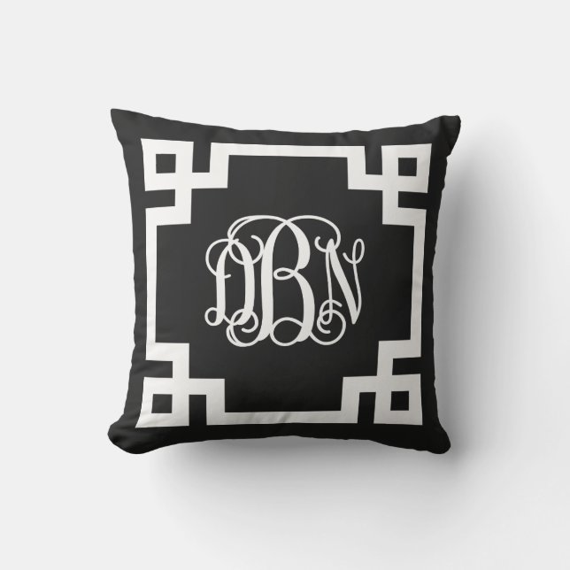 Black and White Greek Key Script Monogram DBN Throw Pillow (Front)