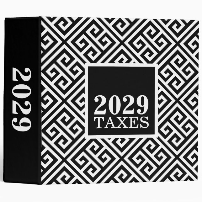 Black and White Greek Key Tax Organizer 3 Ring Binder (Front/Spine)
