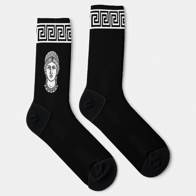 Black and White Greek Pattern on Black Crew Socks (Right)