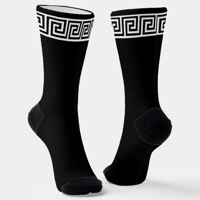 Black and White Greek Pattern on Black Crew Socks (Angled)
