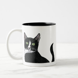 Black and White Green Eyed Cat Two-Tone Coffee Mug