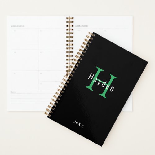 Black and White Green Monogram Add Your Name Year Planner