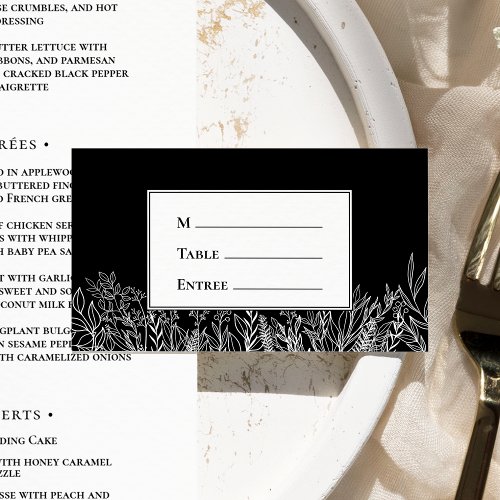 Black and White Greenery Entree Choice Flat Place Card