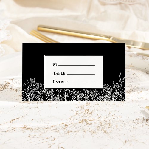 Black and White Greenery Entree Choice Folded Place Card