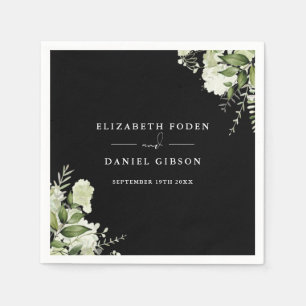 Black And White Greenery Floral Elegant Names Date Napkins