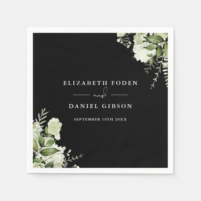 Black And White Greenery Floral Elegant Names Date Napkins (Front)