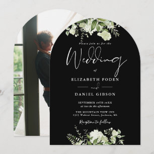 Black and White Greenery Floral Photo Wedding Arch Invitation