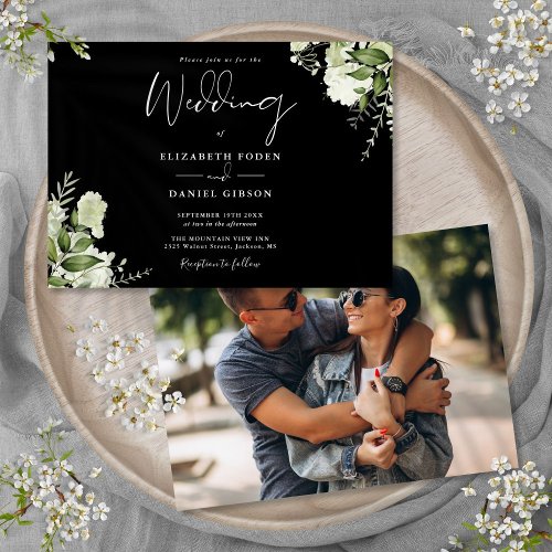Black And White Greenery Floral Photo Wedding  Invitation