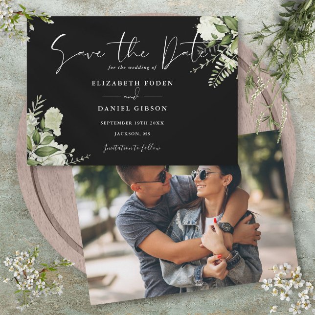 Black And White Greenery Floral Photo Wedding Save The Date (Black And White Greenery Floral Photo Wedding Save The Date)