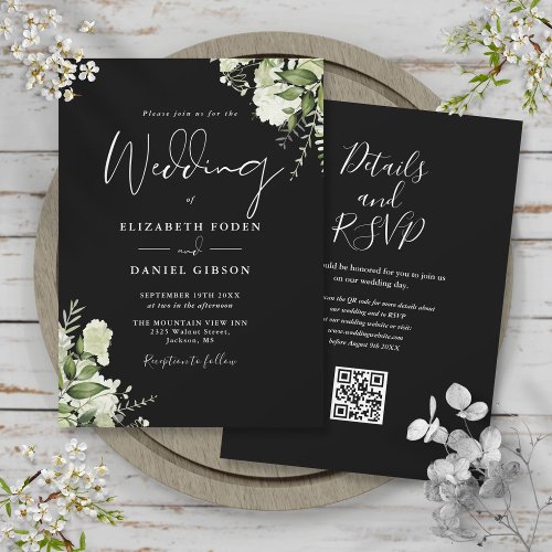 Black And White Greenery Floral QR Code Wedding Invitation