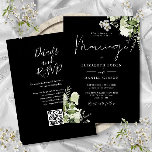 Black And White Greenery Floral QR Code Wedding Invitation