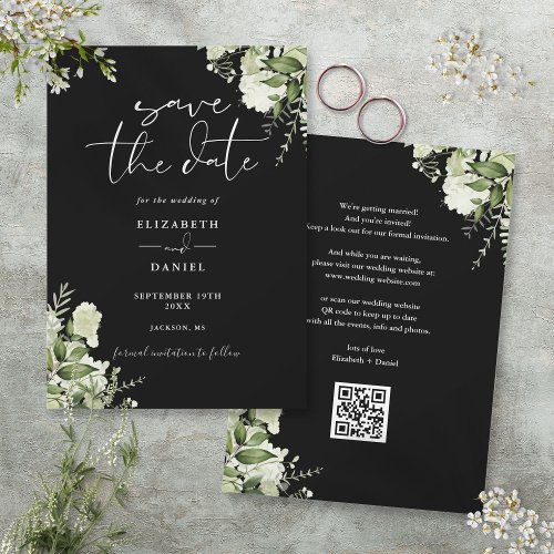 Black And White Greenery Floral QR Code Wedding Save The Date