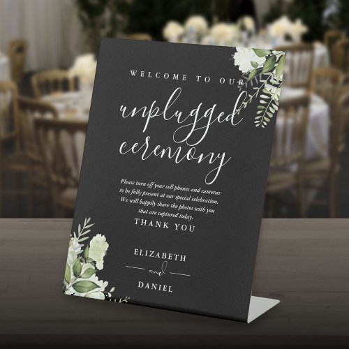 Black And White Greenery Floral Unplugged Ceremony Pedestal Sign