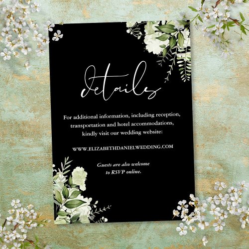 Black And White Greenery Floral Wedding Details Enclosure Card