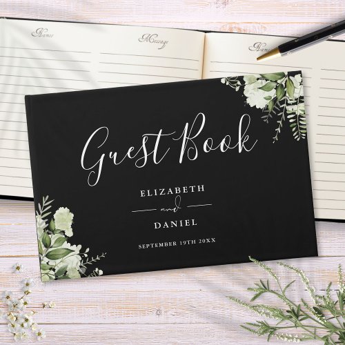 Black And White Greenery Floral Wedding Guest Book