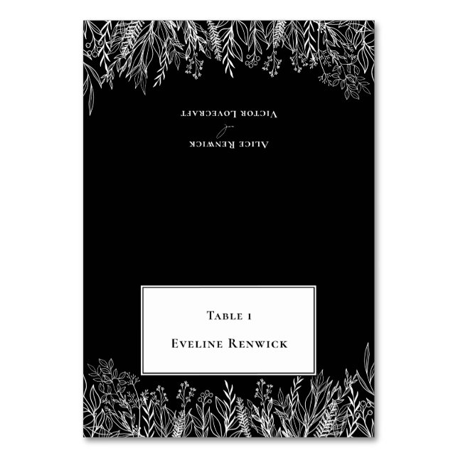 Black and White Greenery Foldable Place Card (Front)