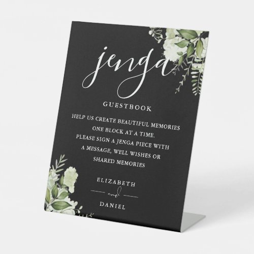 Black And White Greenery Jenga Wedding Guestbook Pedestal Sign