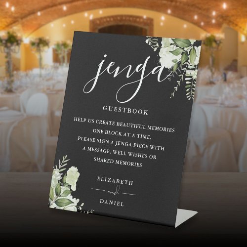 Black And White Greenery Jenga Wedding Guestbook Pedestal Sign