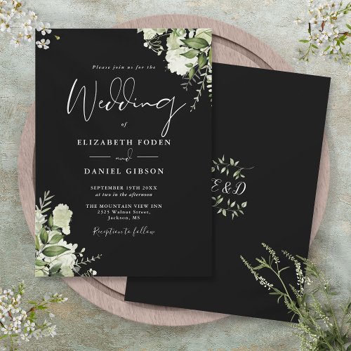 Black And White Greenery Leaves Monogram Wedding Invitation