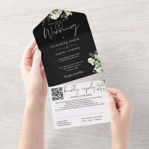 Black And White Greenery Monogram QR Code Wedding All In One Invitation