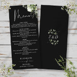Black And White Greenery Monogram Wedding Dinner Menu<br><div class="desc">This elegant black and white floral botanical greenery leaves wedding menu can be personalized with your information in chic typography with your monogram initials on the reverse. Designed by Thisisnotme©</div>