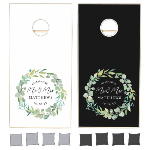 Black and White Greenery Personalized Wedding Cornhole Set