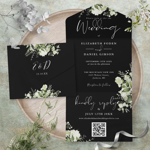 Black And White Greenery QR Code Monogram Wedding All In One Invitation