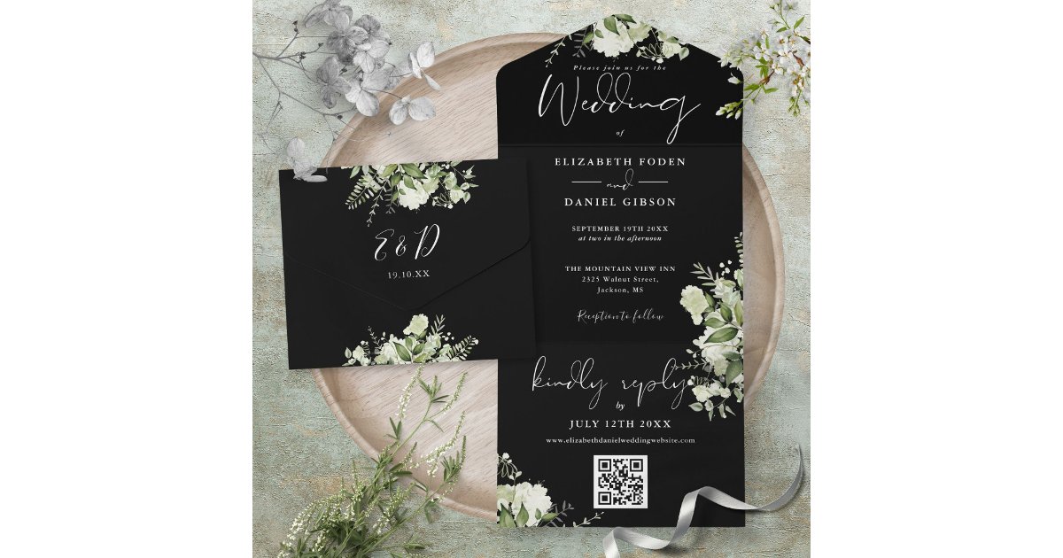 Black And White Greenery QR Code Monogram Wedding All In One Invitation ...