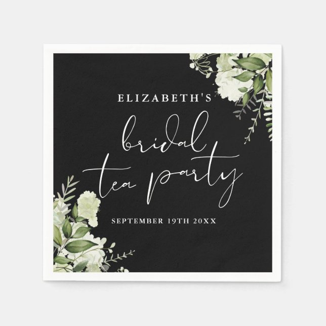 Black And White Greenery Script Bridal Tea Party Napkins (Front)