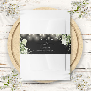 Black And White Greenery String Lights Wedding Invitation Belly Band