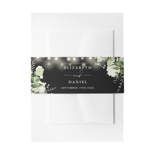 Black And White Greenery String Lights Wedding Invitation Belly Band