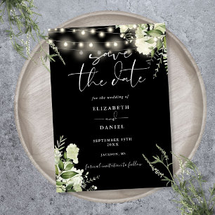 Black And White Greenery String Lights Wedding Save The Date